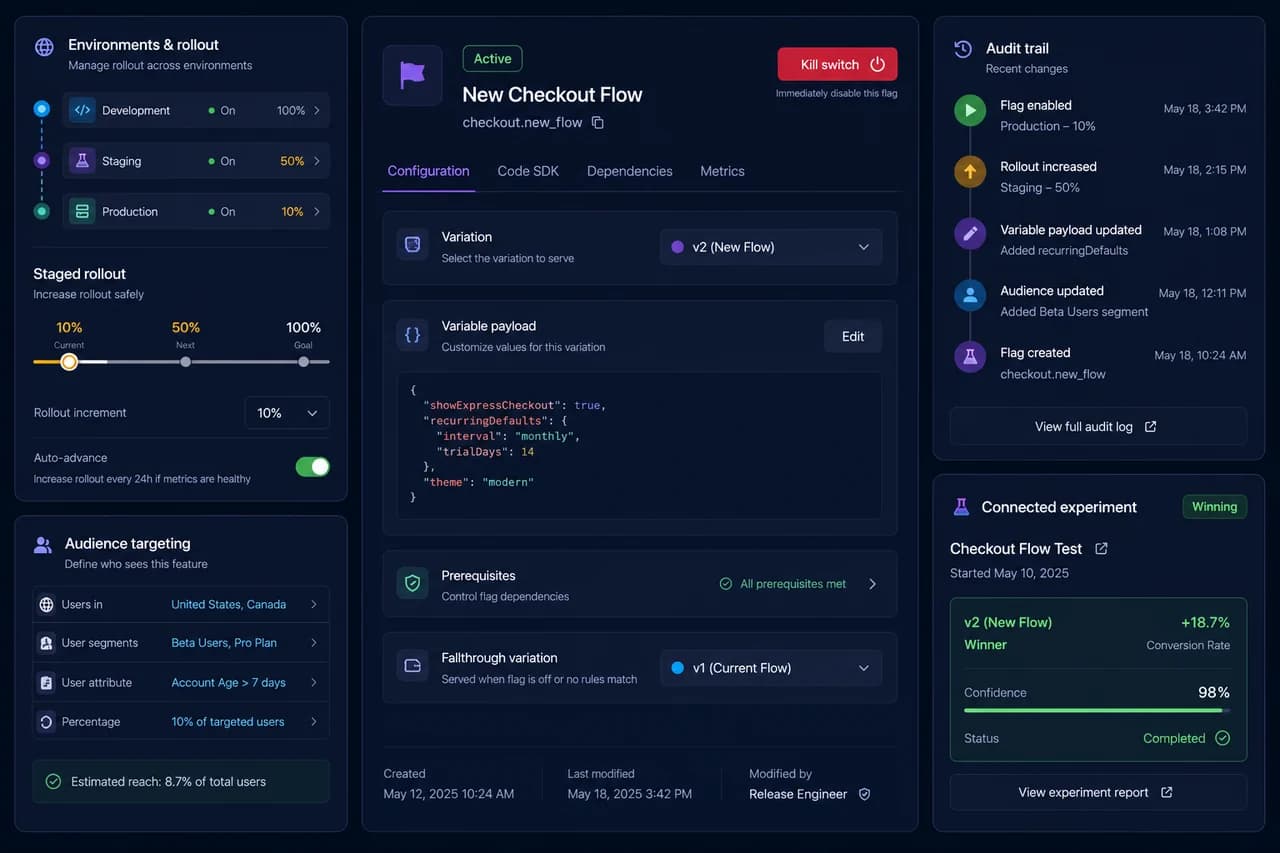 Testvoy feature flag, environment, kademeli rollout ve kill switch ekranı